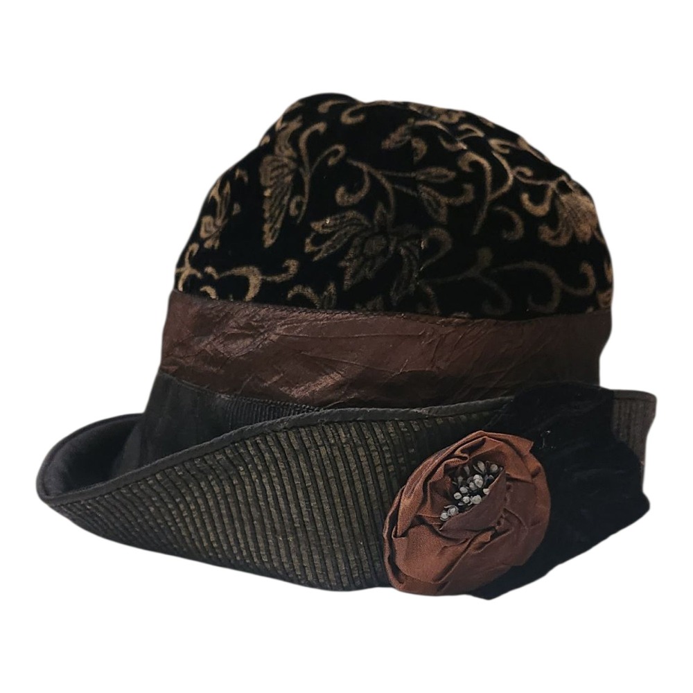 Mary Lynn O'Shea Designer Velvet Floral Cloche‎ Hat Vintage Inspired Elegant XL